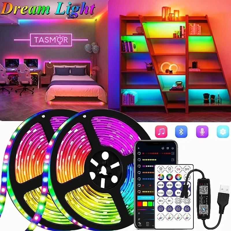 

LED Strip Lights WS2812B 10M RGBIC 5050 String Flexible Lamp Tape DC 5V USB Bluetooth Control TV Backlight Home Party Decoration