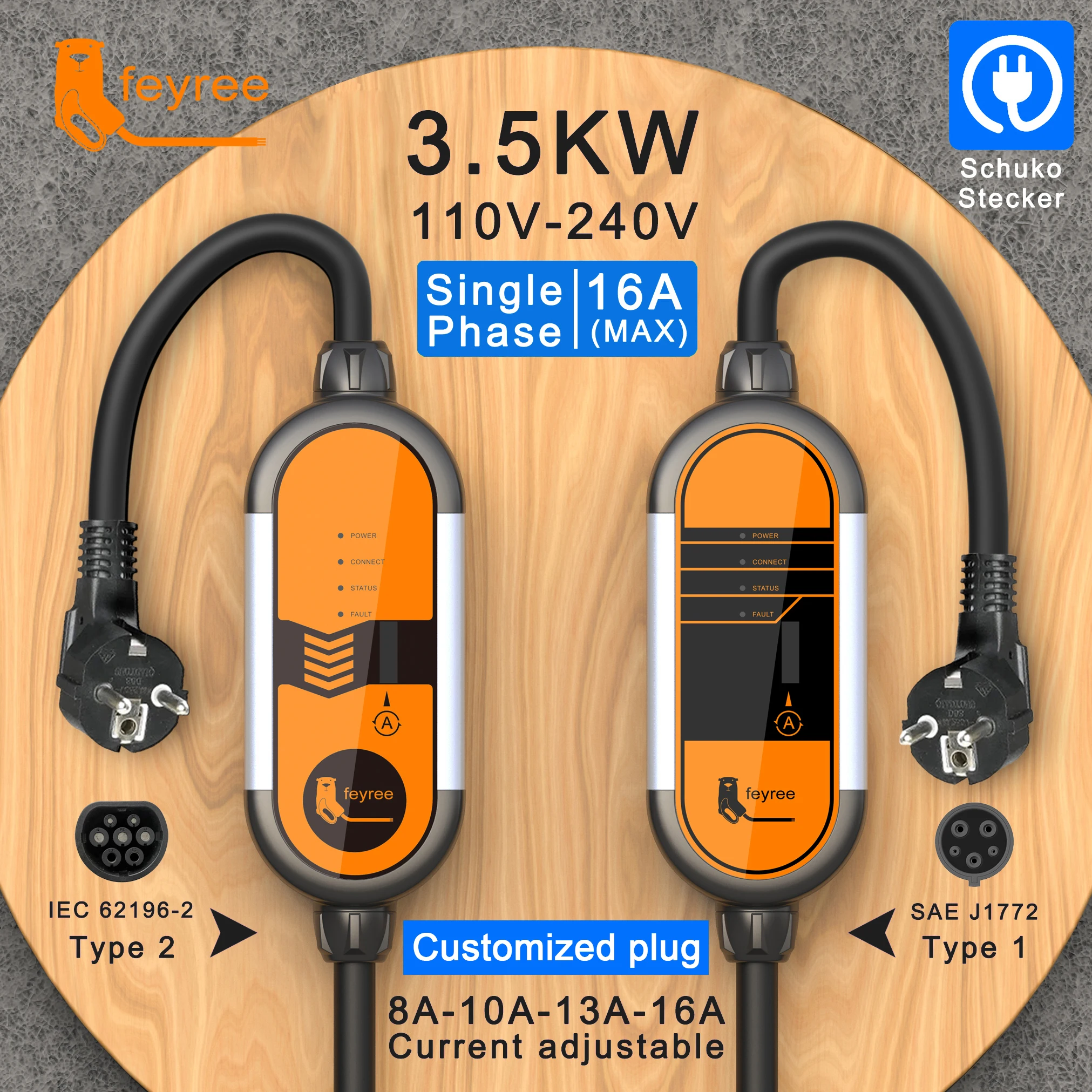 Портативное зарядное устройство EV type 2 кВт зарядный кабель с регулируемым током