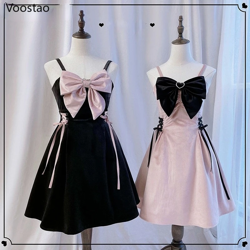 

Women Gothic Lolita Y2k Vestidos De Mujer Bandage Slim Dress Sexy Clothes Velvet Robe Femme Chic Sleeveless Bow Harajuku Dresses