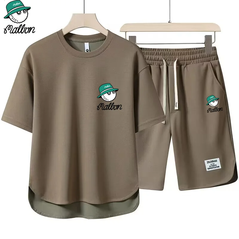 Summer New Men's 2-Piece T-shirt +Shorts Sportswear Fashion Malbon Printing Loose Harajuku Style Street Apparel Casual Golf Set