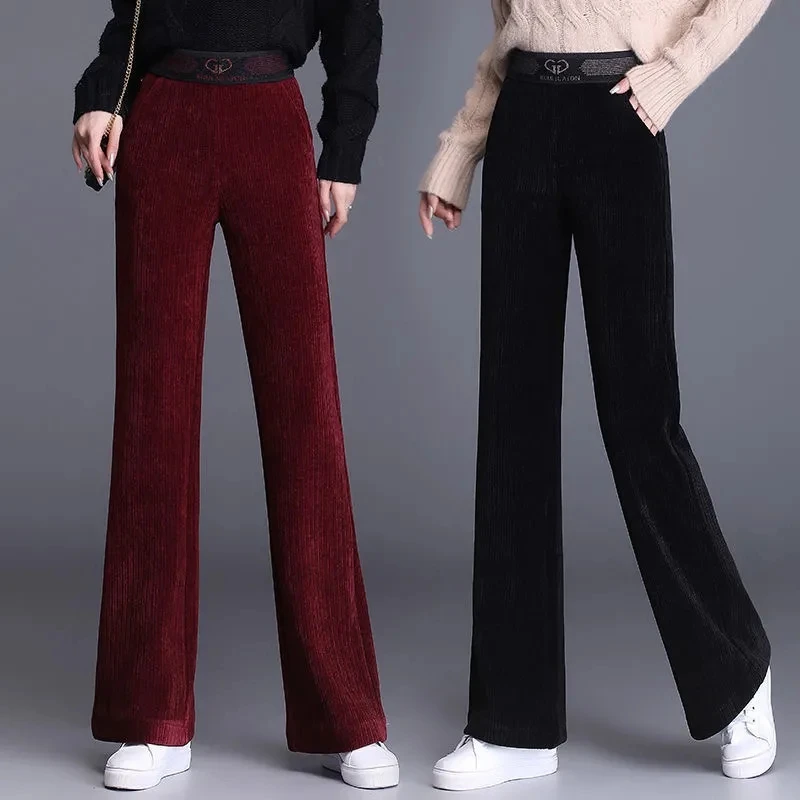 

Chenille Wide Leg Pants For Women's New Drop High Waist Straight Pant Loose Striped Corduroy Pants Add/No Velvet Female Trousers