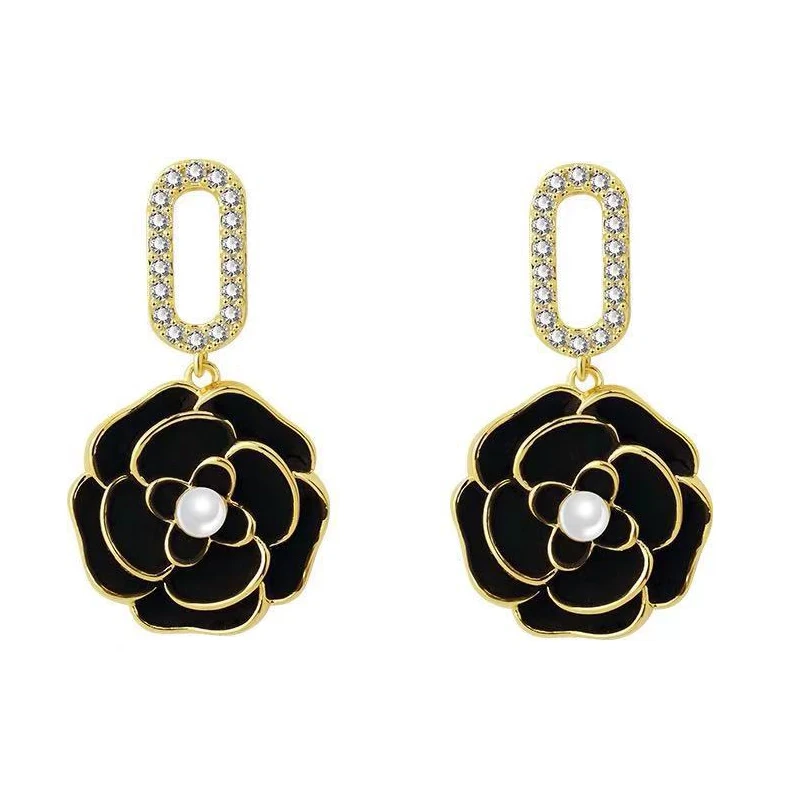 

Camellia Pendant Earrings Vintage Zircon Drop Earring For Women 2022 Trendy Luxury Flower Pearl Romantic Wedding Jewelry Gift
