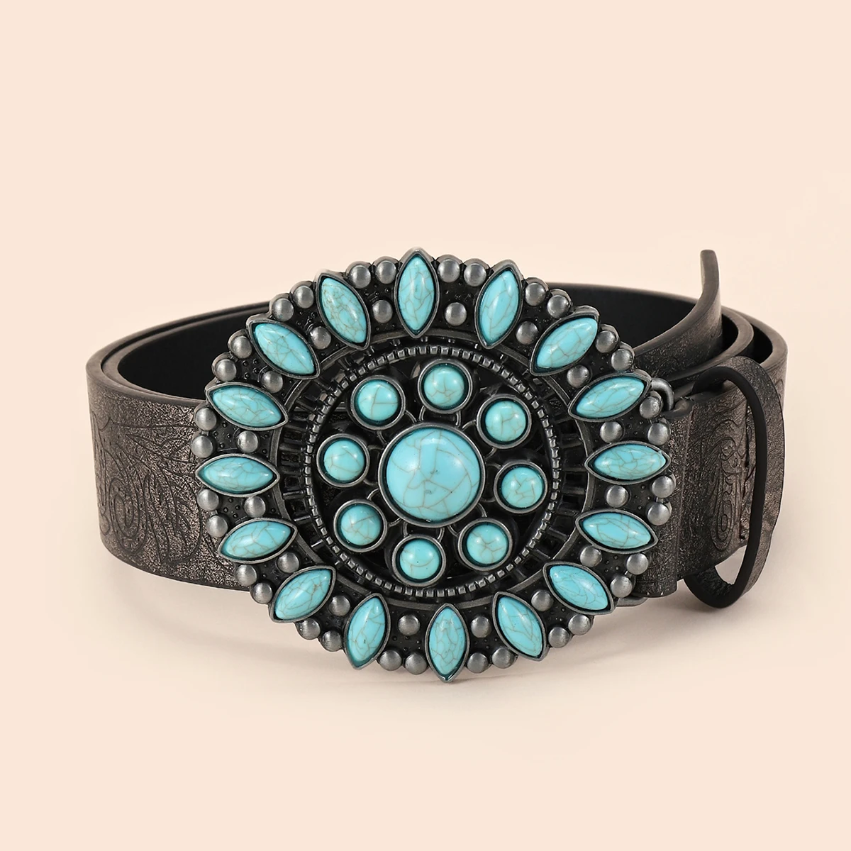 Fashion Geometric Buckle with Turquoises Western Cowboy Belts for Men