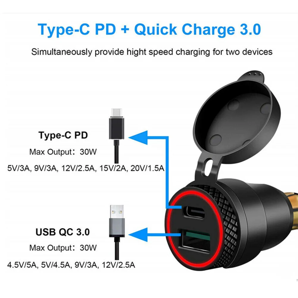 

Зарядное устройство для мотоцикла с крассветодиодный подсветкой и разъемом USB Type-C