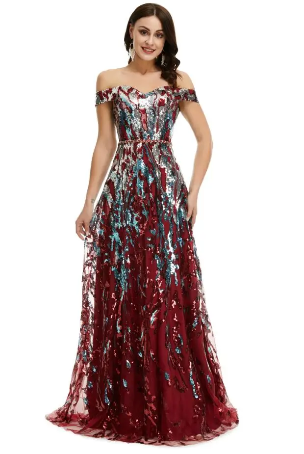 

Вечерние платья с блестками и цветочным принтом, с открытыми плечами