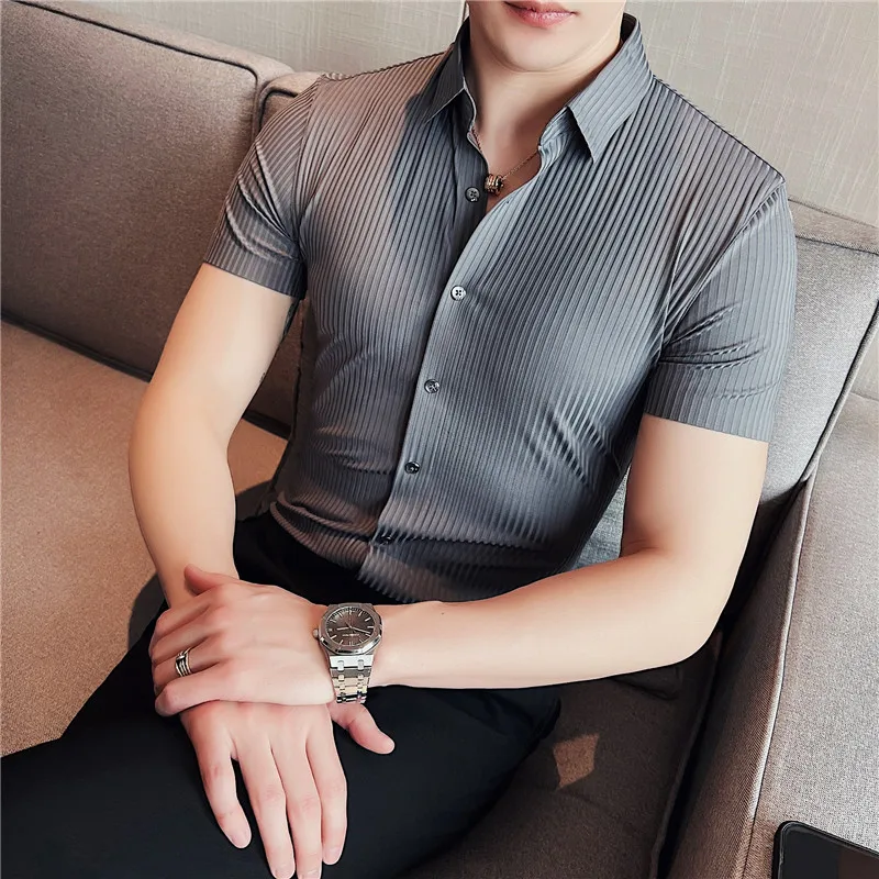 Elasticity Seamless Shirts for Men Summer Short Sleeve Striped Slim Casual Shirt Business Formal Dress Shirt Social Party Blouse