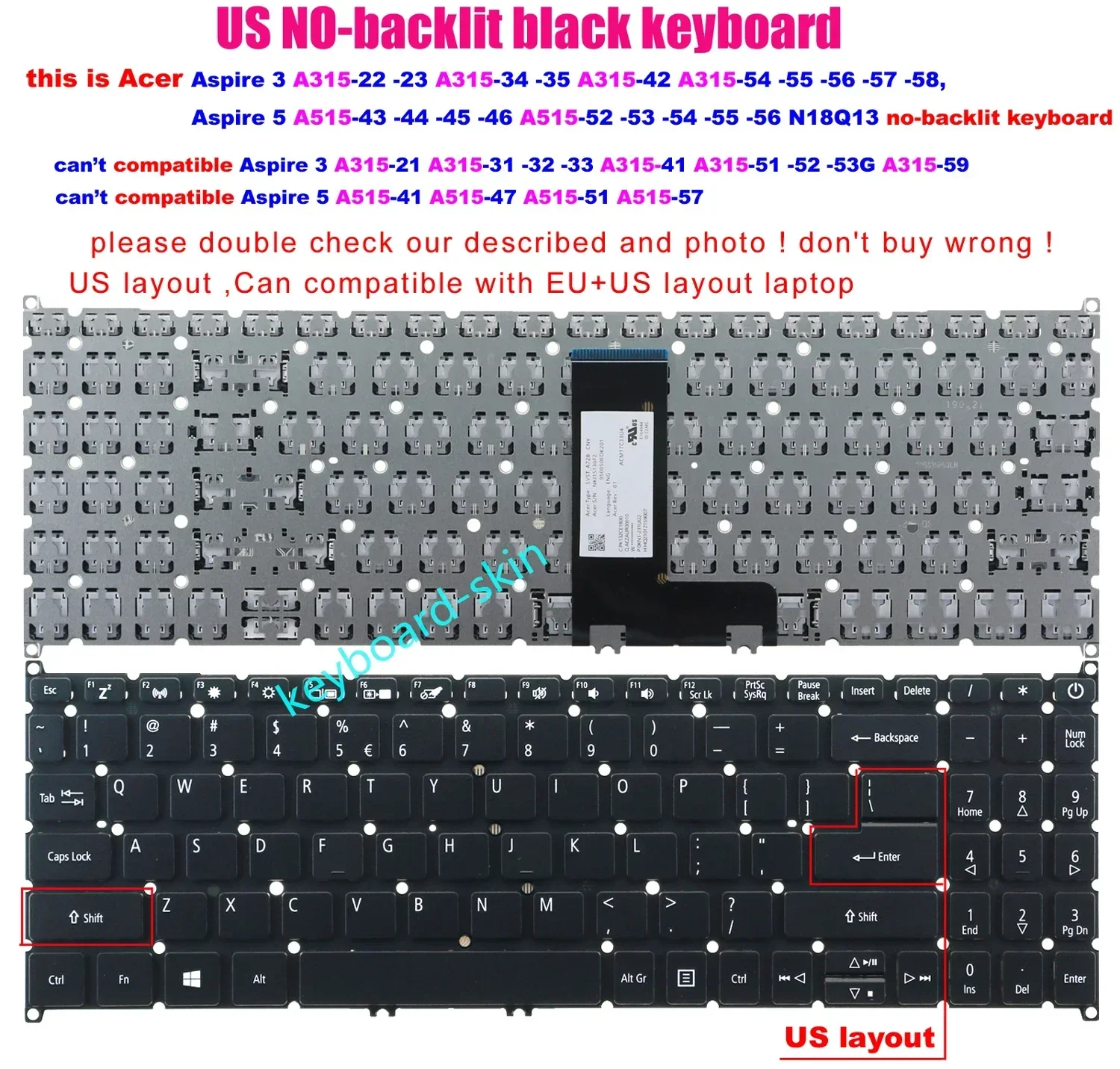 Новая американская клавиатура без подсветки рамки для ноутбука Acer Aspire 3 A315-54 A315-54G
