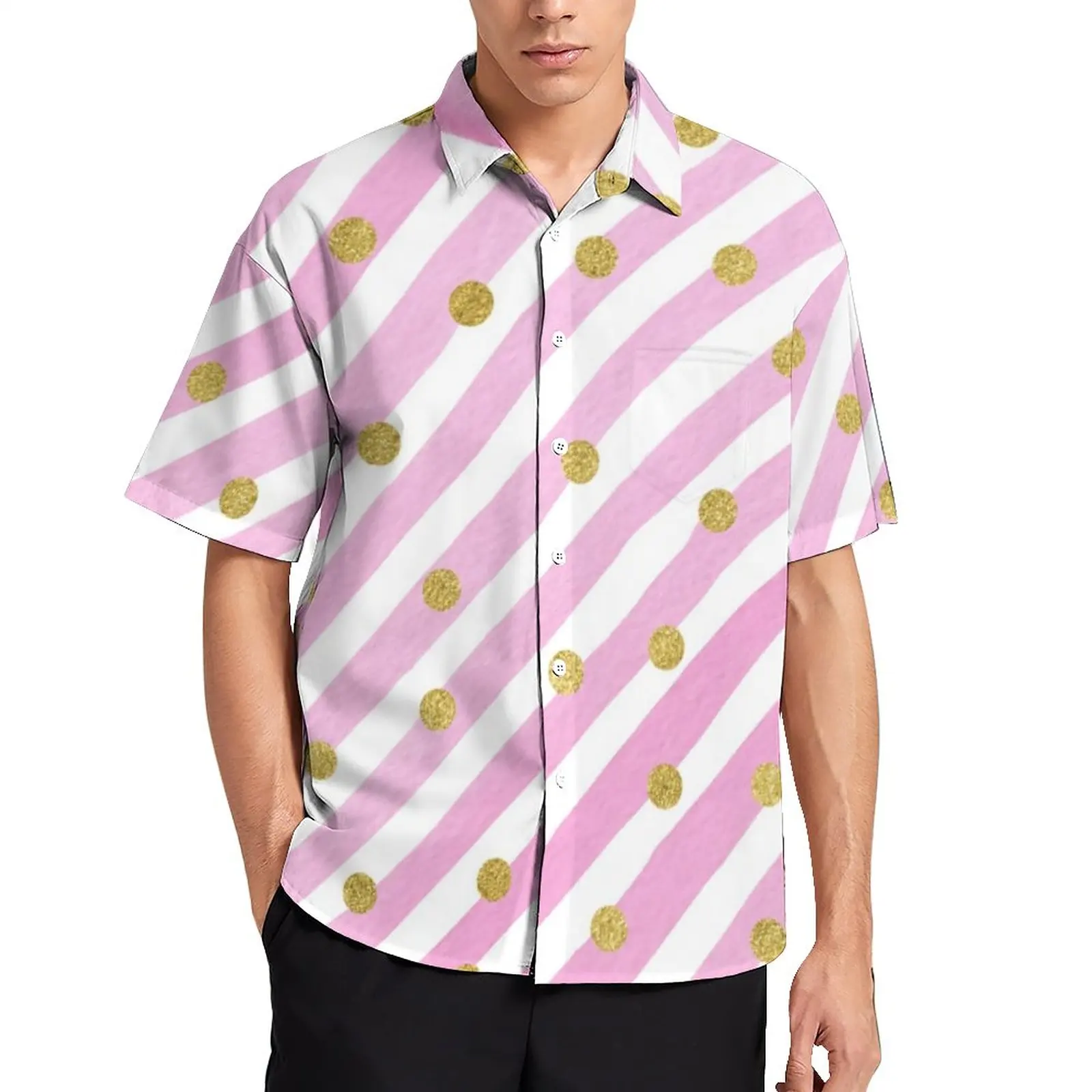 

Glitter Dots And Stripes Vacation Shirt Mens Pink Geometric Casual Shirts Hawaiian Short-Sleeve Graphic Trendy Oversized Blouses