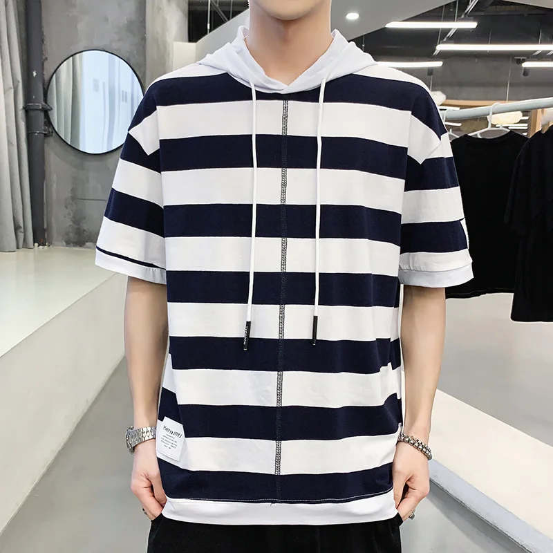 

Bdinboa-nrand New Arrival Hooded Striped t Shirt Men Clothing 2022 Summer Short Sleeve t Shirt Clothing Fashion Thin Loose t