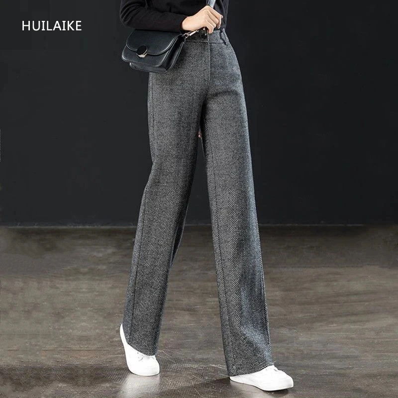 

Брюки женские шерстяные с узором в елочку, широкие прямые штаны с завышенной талией, облегающие Костюмные брюки, весна-осень