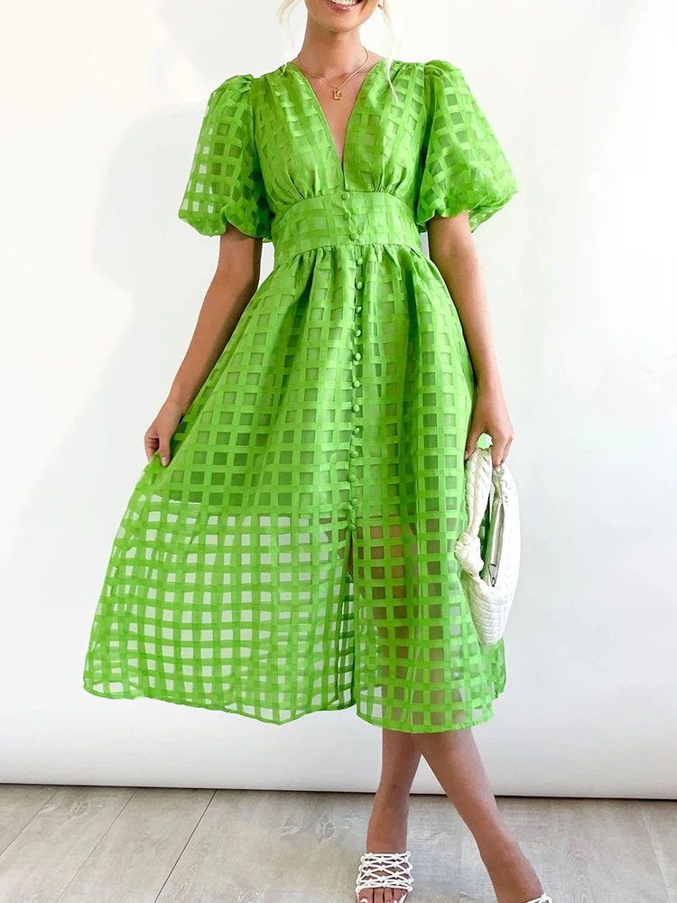 

Элегантное клетчатое длинное платье, женское летнее платье с рукавом-фонариком, v-образным вырезом и пуговицами, женское повседневное шикарное Открытое платье с высокой талией Вечерние