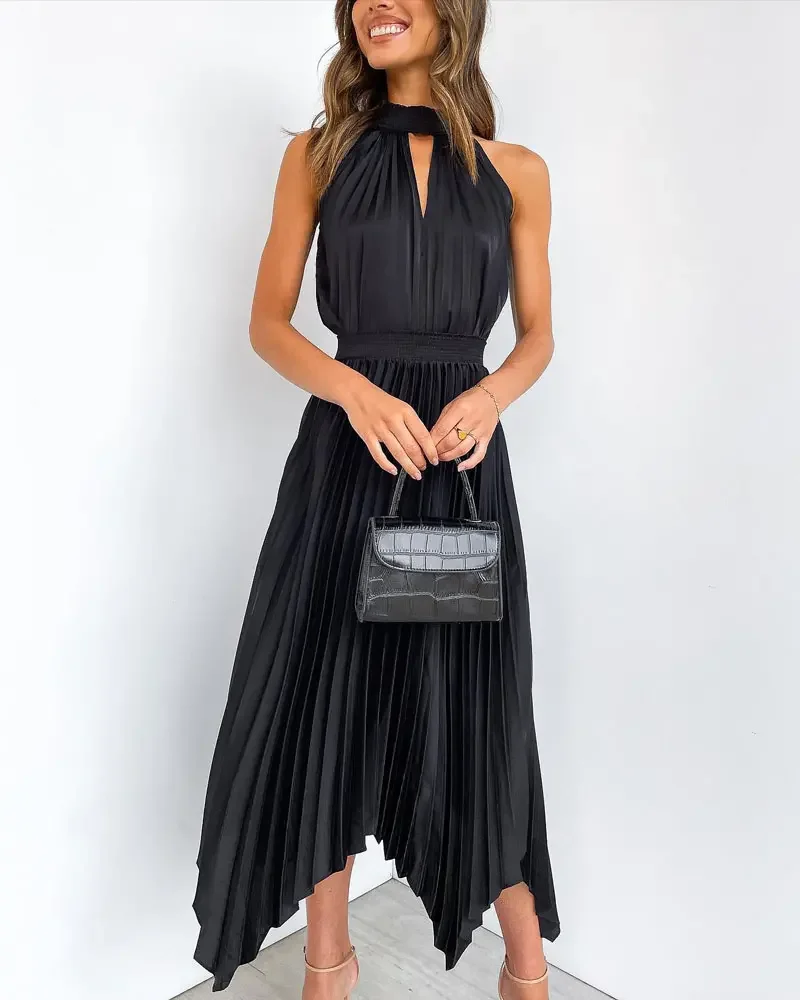 

2022 New Summer Party Dress, Women's Chic Pure Asymmetric Halter Neck Sleeveless Sling Casual Long Vacation Pleated Dress