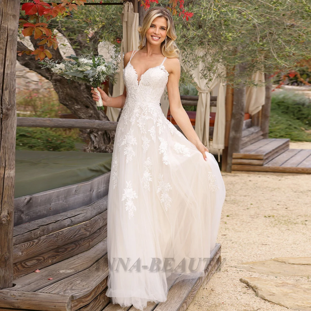 

Anna Modern Wedding Dresses For Women V Neck Spaghetti Strap Button A Line Tulle Sleeveless Robe De Mariée Dropping Shipping