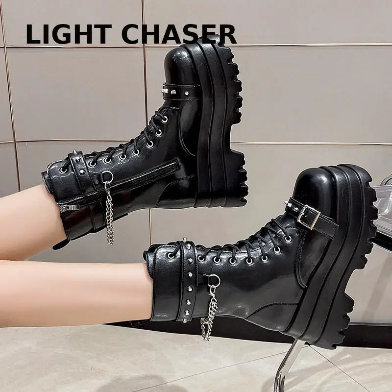 Купи Punk Women's Boots Brand Design Black Gothic Style High Heels Front Zipper Ankle Platform Boots Street Cool Woman Wedges Shoes за 1,240 рублей в магазине AliExpress