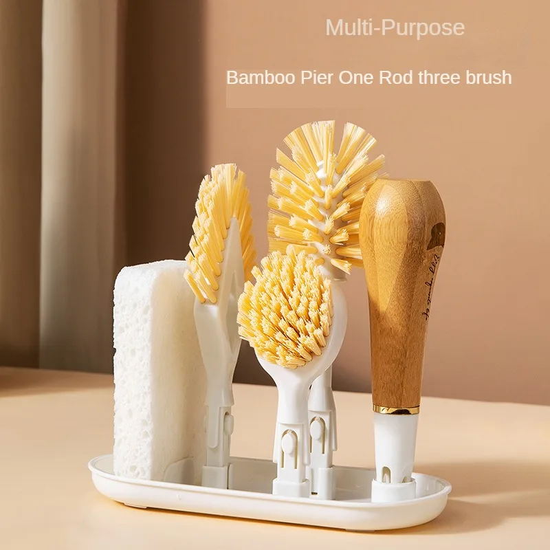 

Cleaning Brush Bamboo Pp Wood Pulp Cotton One Rod Three-head Bamboo Pier Can Replace Brush Head Kitchen Accessories Cup Brush