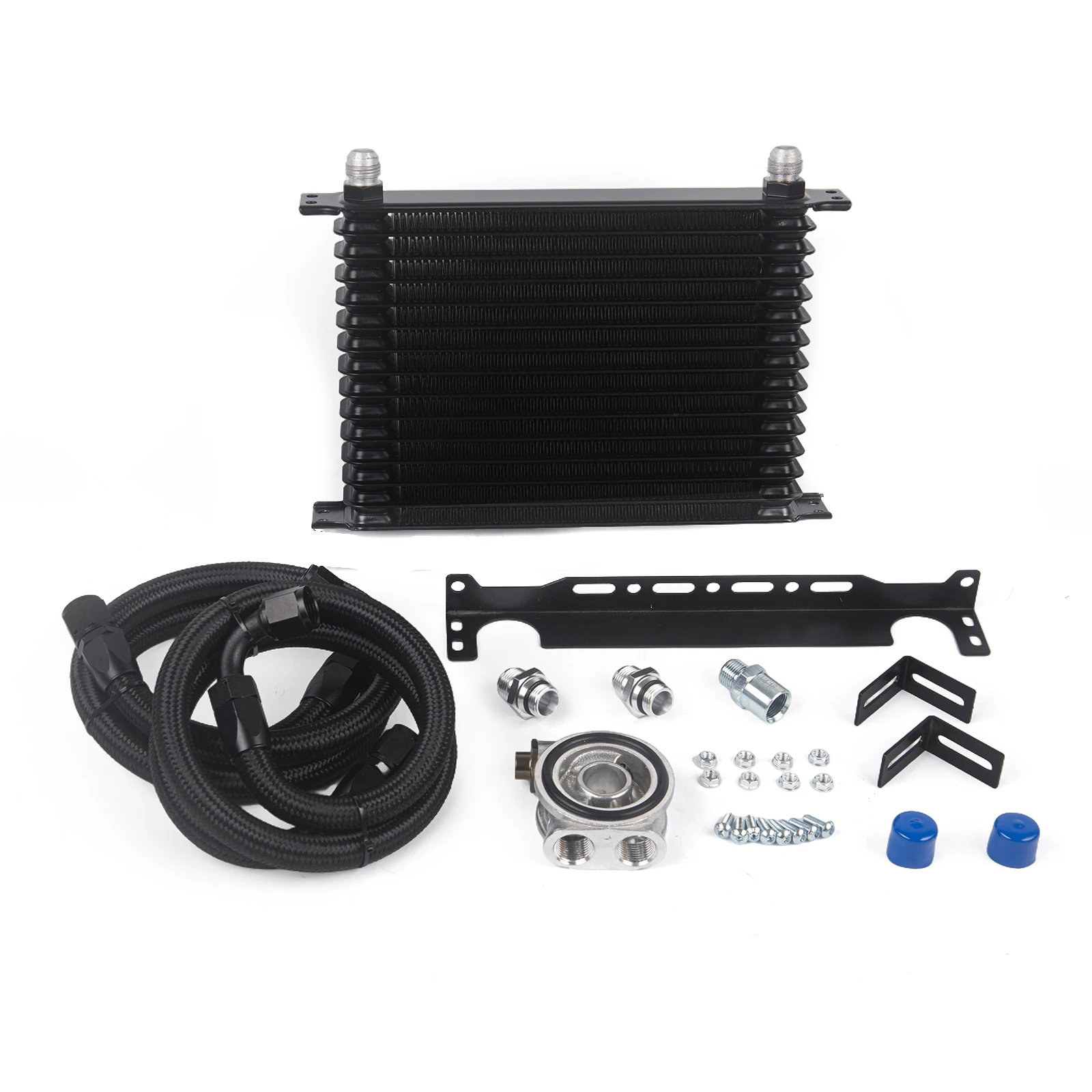 

15 рядов, 1 комплект масляного радиатора T-MODEL + термостат, переходник для сэндвича масляного фильтра + нейлоновый стальной плетеный шланг AN10 + монтажный кронштейн