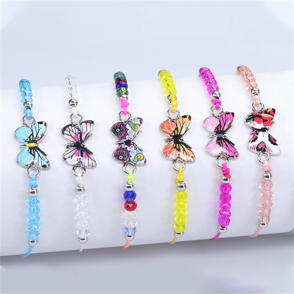 Colorful Crystal Beaded Butterfly Bracelets Handmade Braided Rope Adjustable Bangles for Women Girl Teens Jewelry Accessories