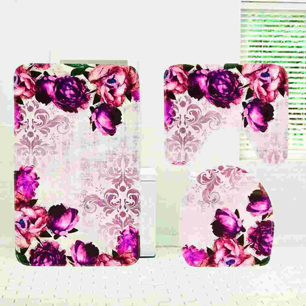 

Three Pieces Printed Bathroom Pedestal Mat Set Non-Slip Bath Mat Toilet Rug Closestool Lid Cover (Purple Red Flower)