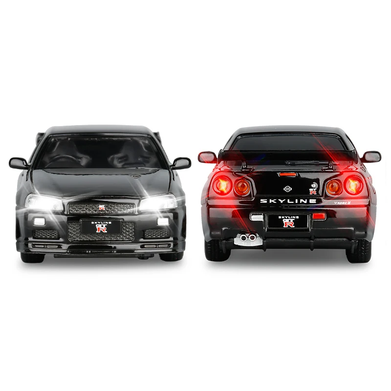 Pаспродажа Модель автомобиля Nissan Skyline Ares GTR R34, Литые и игрушечные автомобили со звуком, имитация вспышки, сборная машина, детская игрушка, 1:32