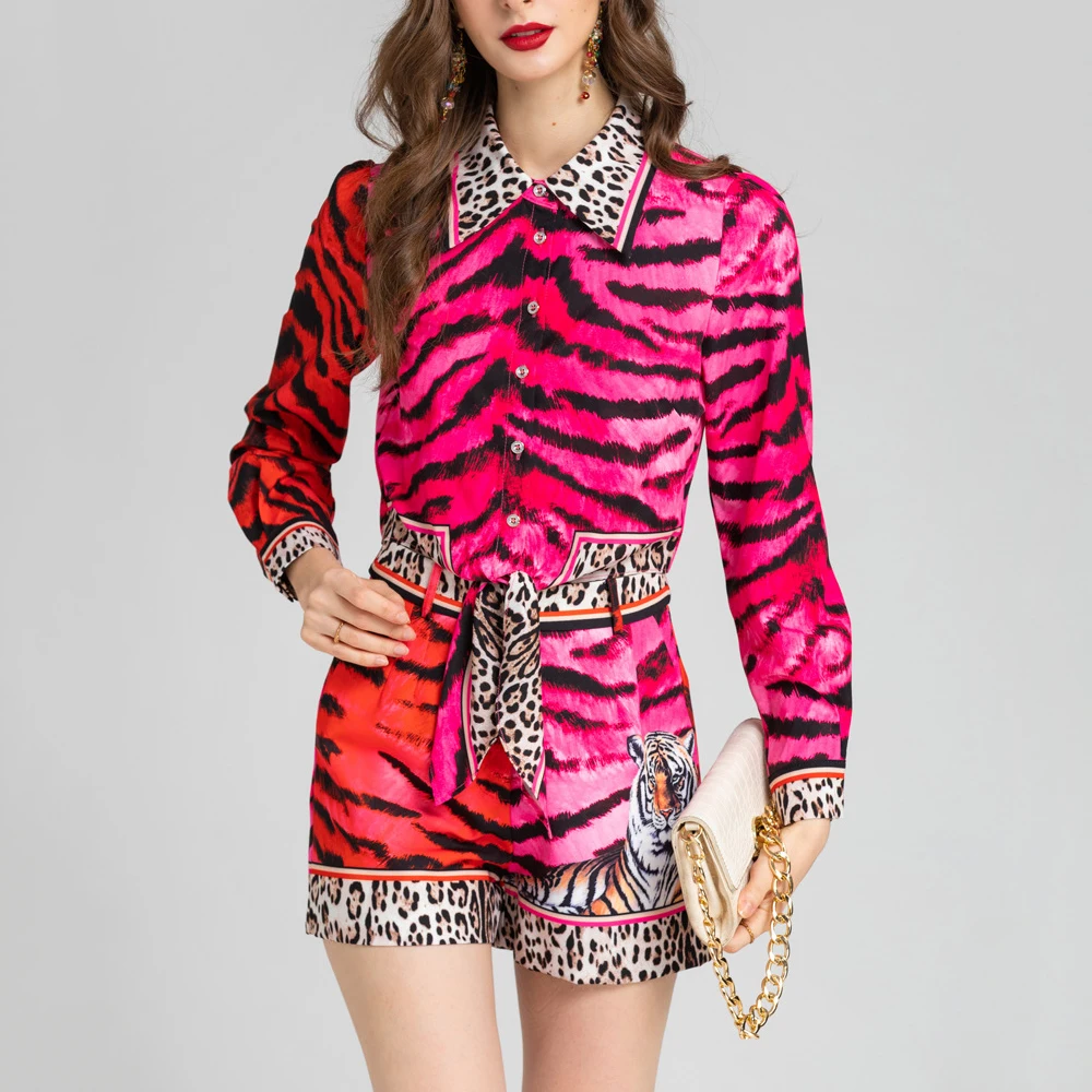 

2022 summer new high-end fashion niche fashion high waist leopard print wide-leg shorts + lapel long-sleeved short shirt top