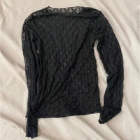 women letter long sleeve t shirt black see through tops transparent lace mesh t shirt high quality pullover female