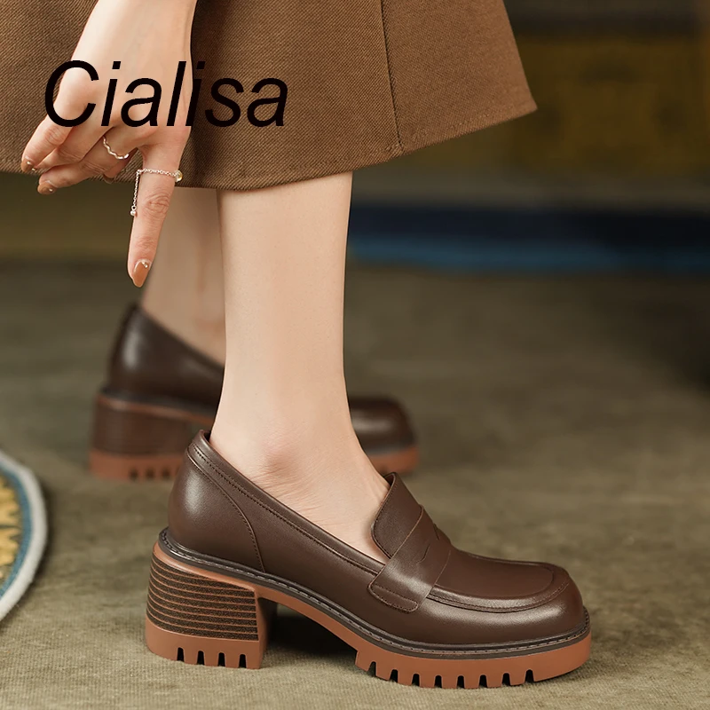 Cialisa Spring Women Shoes New Round Toe Genuine Leather High Quality Platform Loafers Casual Chunky Heels Ladies Footwear Brown