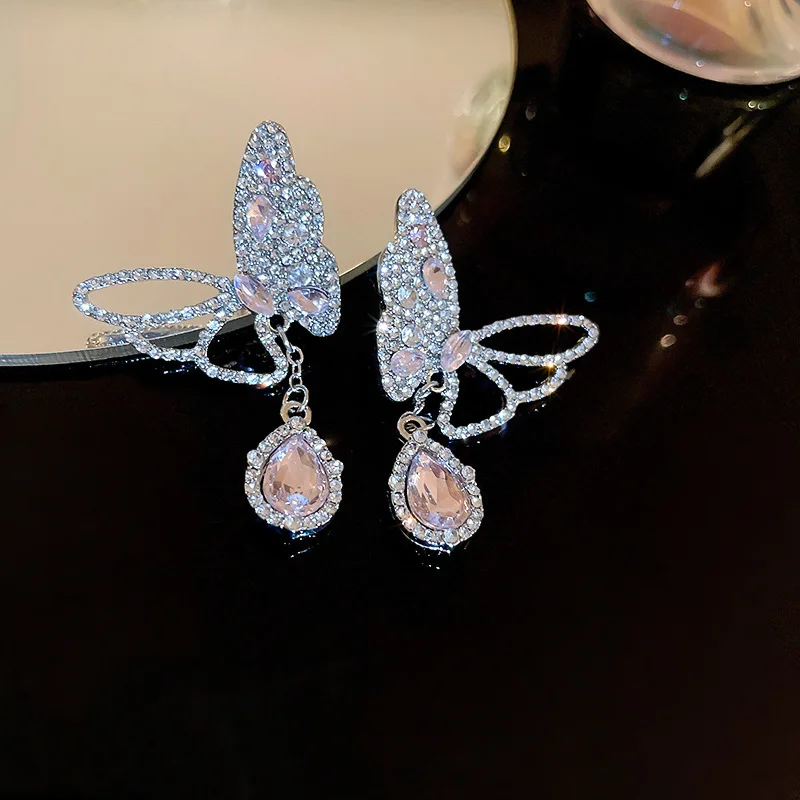 

ALLNEWME New Trend Sparkly Rhinestones Butterfly Dangle Drop Earrings for Women Hollow Out Wings Earring Wedding Bridal Jewelry