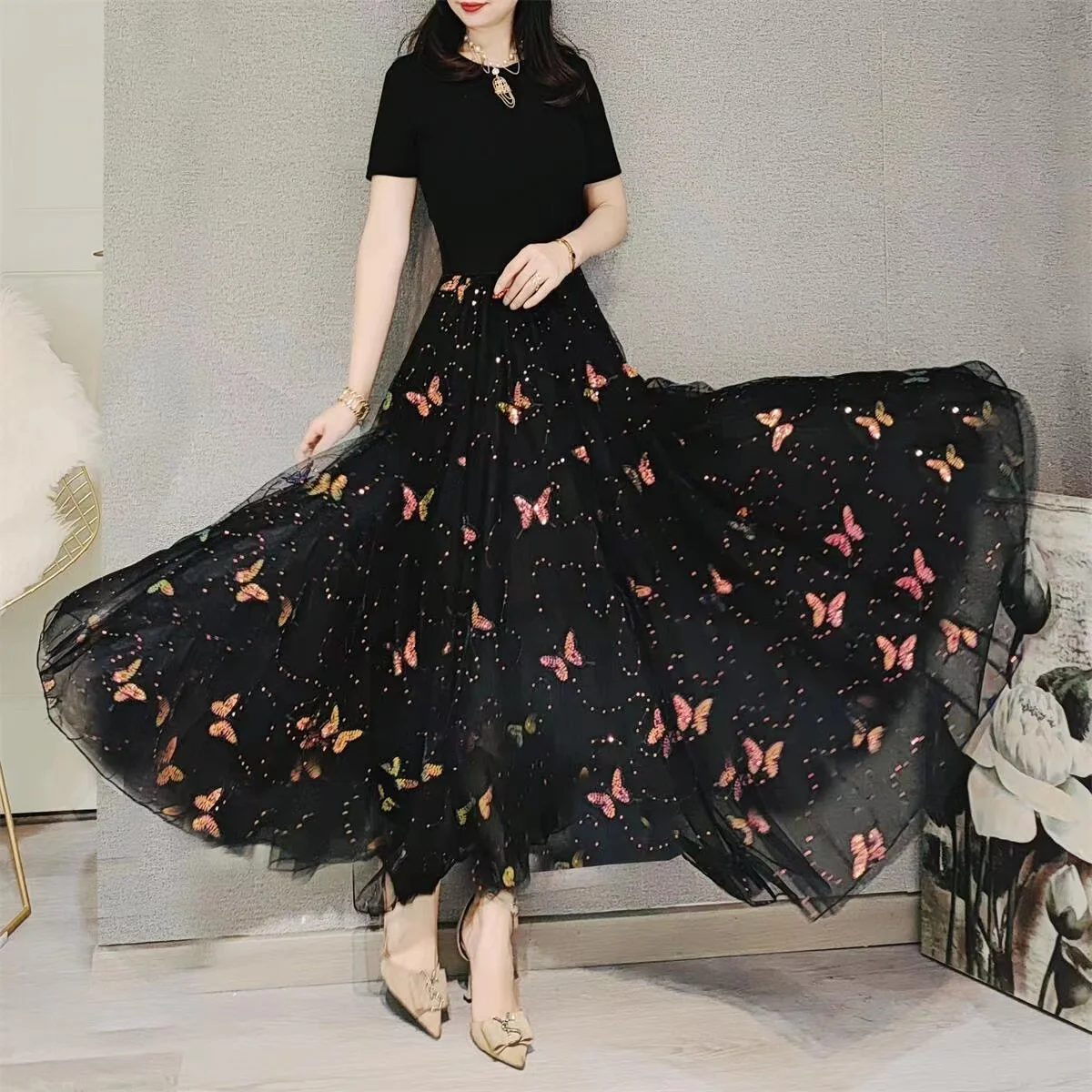 Длинная юбка с блестками и вышивкой в виде бабочки, Женская Весенняя облегающая плиссированная Милая Тюлевая юбка средней длины с завышенной талией на 6 м Длинная юбка с блестками и вышивкой в виде бабочки, Женская Весенняя облегающая плиссированная Милая Тюлевая юбка средней длины с завышенной талией на 6 м