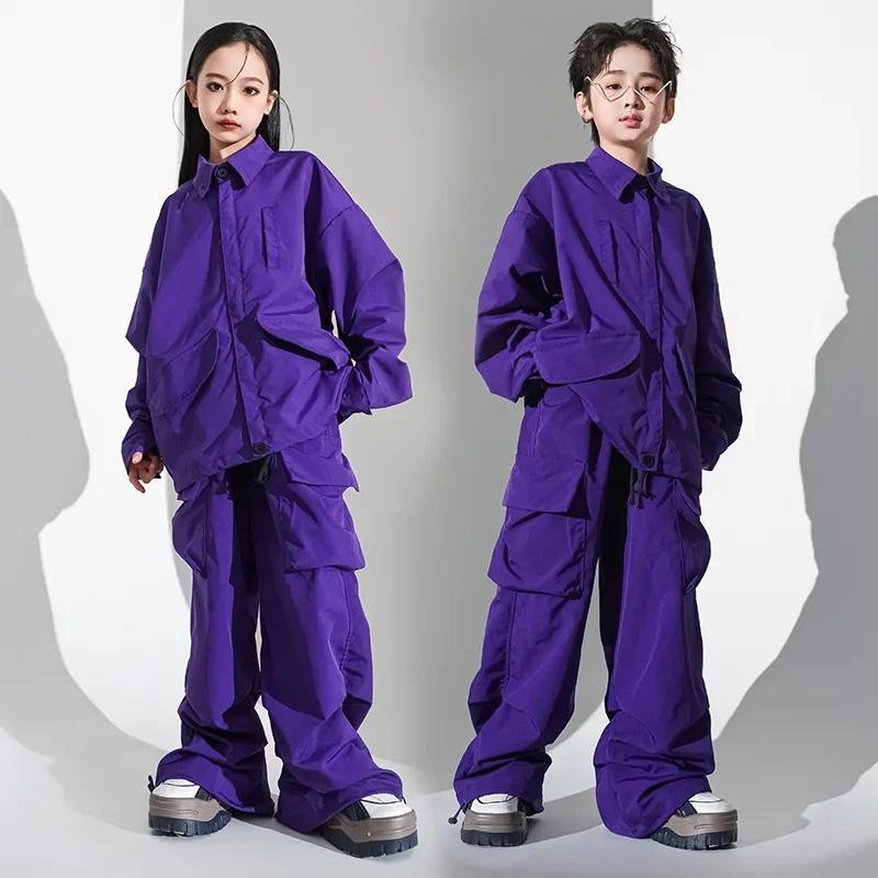 Фото Детская одежда в стиле K-pop и хип-хоп: фиолетовая легкая куртка, широкие брюки карго для девочек и мальчиков, костюм для джазовых танцев №1