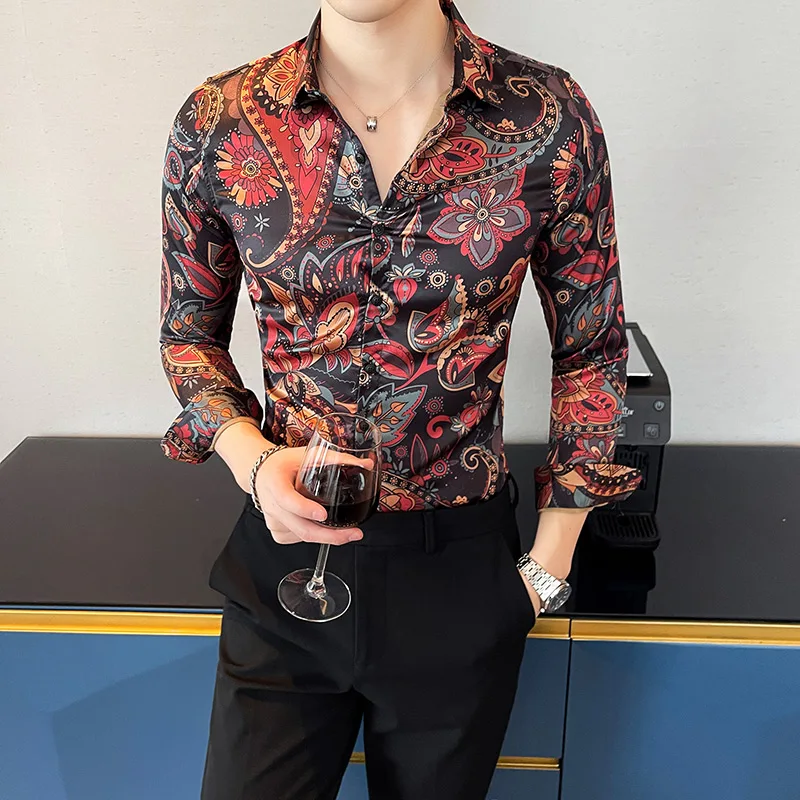 2023 Brand Clothing Cashew Flowers Printed Casual Long Sleeve Shirts/ Male Slim Fit Business Lapel Dress Shirt Plus Size S-4XL