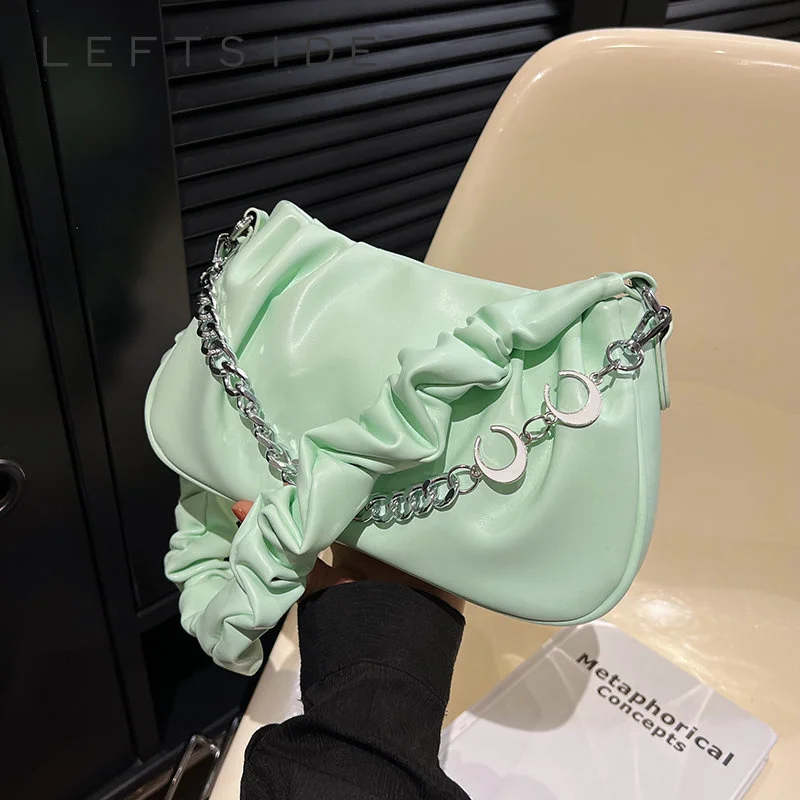 

Плиссированные кожаные сумки через плечо для женщин, весна 2023, простые сумки через плечо из искусственной кожи на цепочке, роскошная сумка