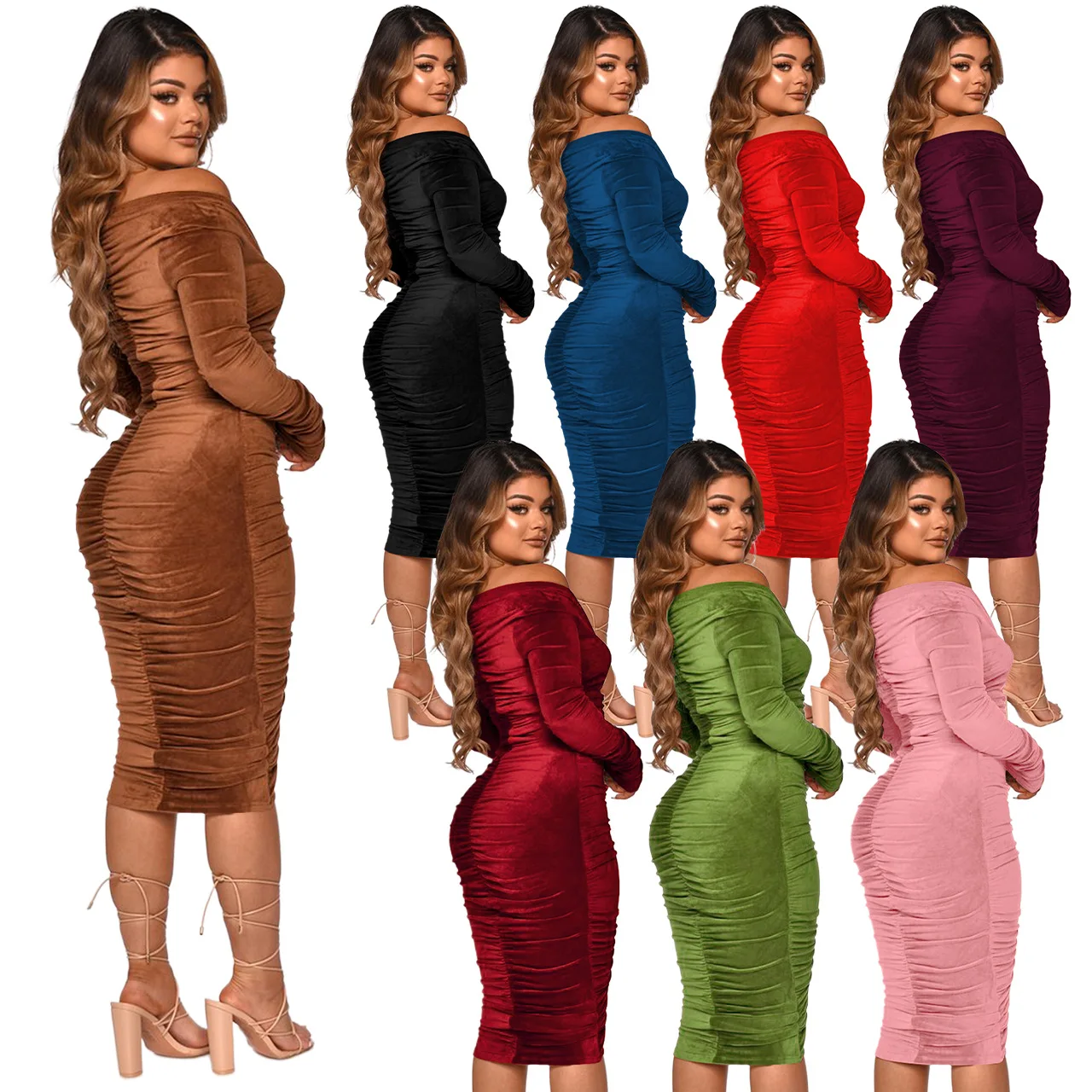 

Lady Off Shoulder Velvet Stacked Sexy Dress Ladies Autumn Winter Flare Long Sleeve V-Neck Mid-Length Dresses