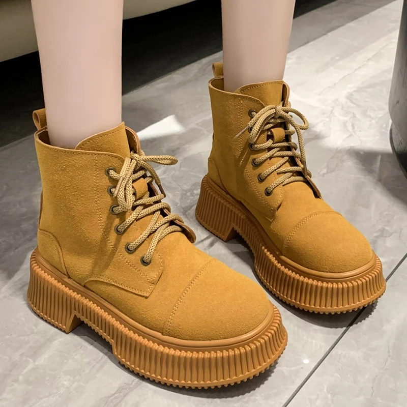 

Rimocy Women's Lace Up Platform Combat Boots Non-Slip Thick Bottom Ankle Boots Woman 2023 Autumn Flock Motorcycle Botas Female