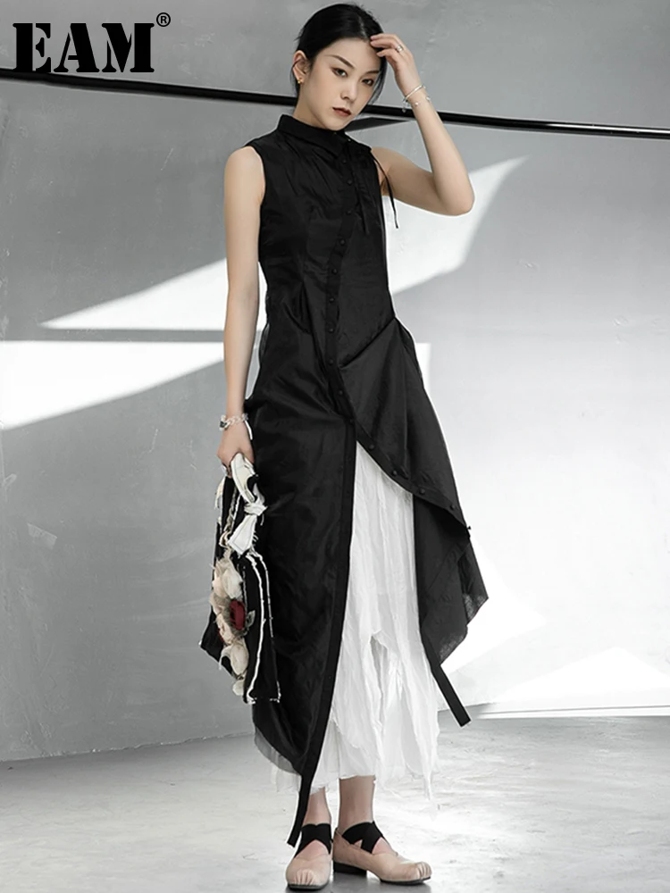 [EAM] женское черное Сетчатое асимметричное Плиссированное тонкое платье с