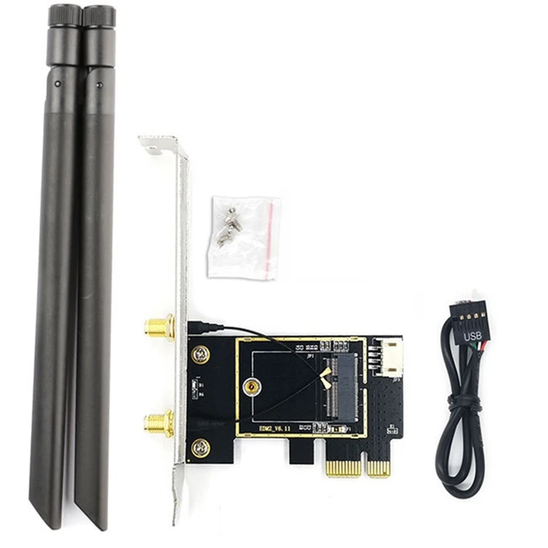 

Беспроводная сетевая карта-адаптер NGFF M.2 на PCIE, новая черная печатная плата с антенной 8 дБ, поддержка 7260 8265 1650 1675X AX200 AX210