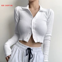 white casual knitted long sleeve tshirt women button up turn down collar basic crop t shirt autumn knitwear 2021 spring harajuku
