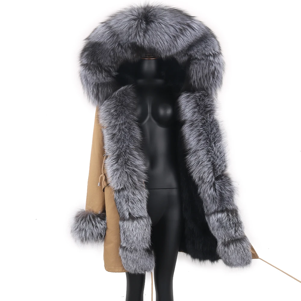 2022 Fashion Big Fur Outerwear Detachable Winter Jacket Women Real Fur Liner Natural Real Silve Fur Collar Loose Long Parkas
