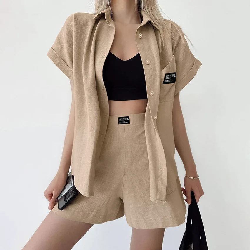 

Summer Women Casual Fashion Shorts Two Piece Set Cotton Loose Short Sleeve Shirt Top Loose Shorts Clothing Suit Streetwear