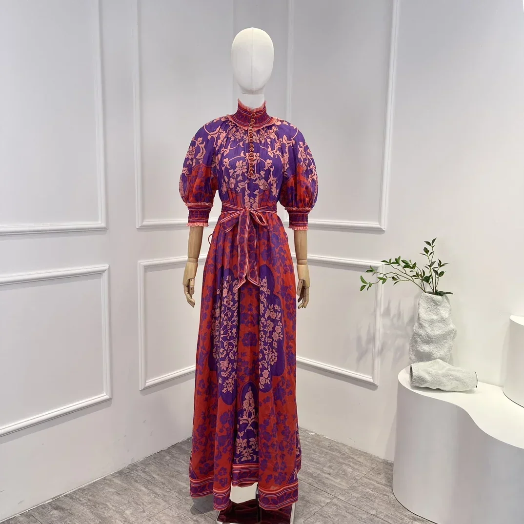 

2023 Ramie Top Quality Latest Spring Summer Vintage Comfortable Waist Floral Printing Half Sleeve Lace Belt Woman Midi Dress