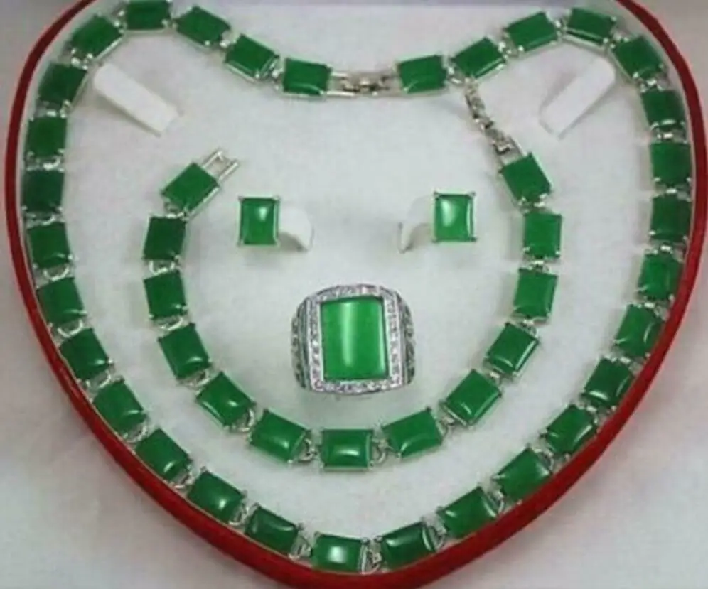 

18K GP White Gold Green Jade Necklace Bracelet Earring Ring Set