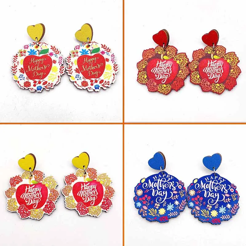 

Hot Mother's Day Earrings Apple Flower Print Wooden Earrings Pendant Colorful Peach Heart Mother's Ear Rings Gift Wholesale