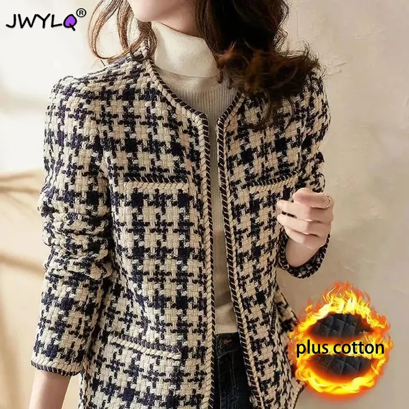 

Vintage Houndstooth Tweed Blended Jackets For Women 2023 Jacket Short Coat Korean Fashion Long Sleeve Winter Thickening Clothes