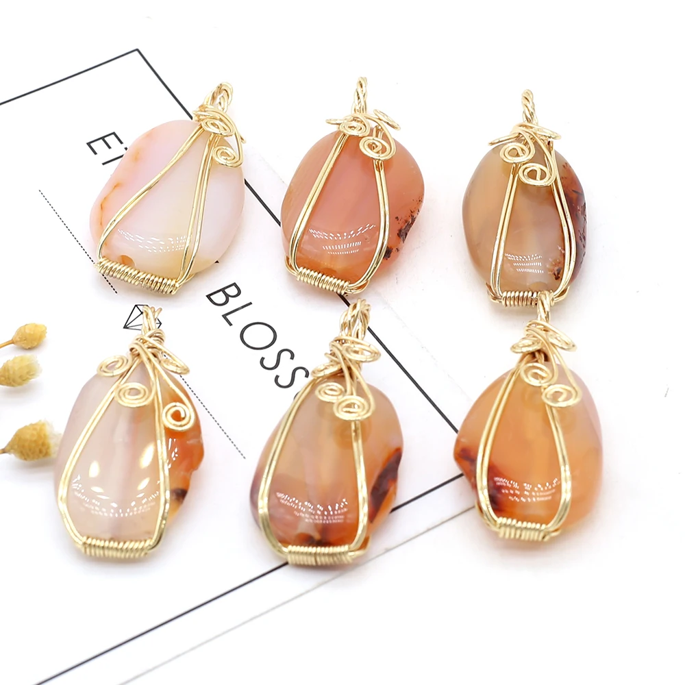 

Natural Stone Red Agate Winding Gold Wire Irregular Pendant For Jewelry Making DIY Necklace Earring Accessories Charms Gift 1PCS
