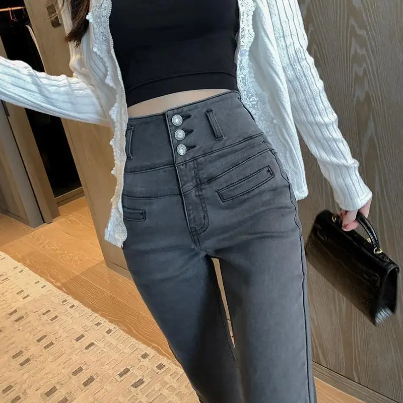 

Woman High Waist Jeans Female New Fashion Casual Streetwear Slim Black Blue Jeans Ladies Vintage Stretch Denim Pencil Pants G32