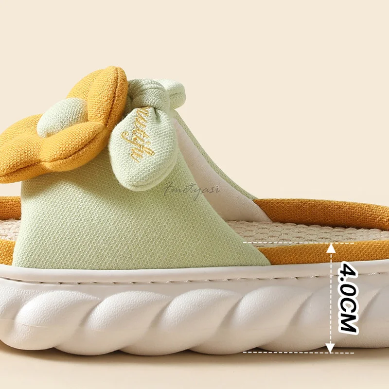 Flowers Cotton Linen Women's Bedroom Slippers Casual Thick Sole Shoes for Women Flat Platform Slippers Female Indoor Slides