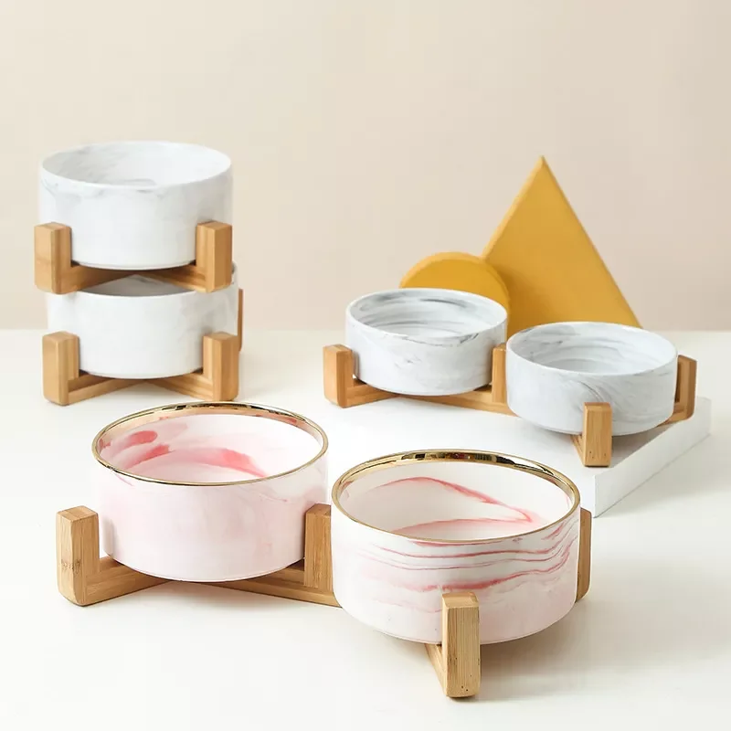 

NEW2023 Marble Ceramic Dog Bowl Cat Food and Water Bowls Dish with Wood Stand Heavy Weight Pet Feeder for Big Flat Faced Cats Pu