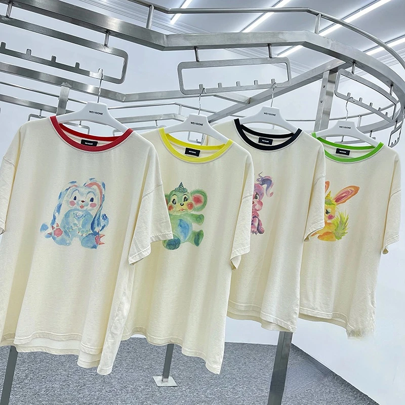 

We11done Cortoon Anime Animal Print Graphics Summer T-Shirt Splic Neck