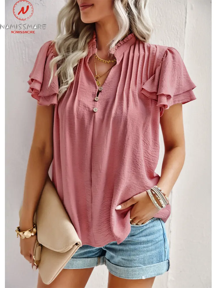 

Sweet Women Summer Solid Color T-Shirts Single-Breasted Design Ruffles Decor V-Neck Butterfly Sleeve Casual Loose Pleated Top