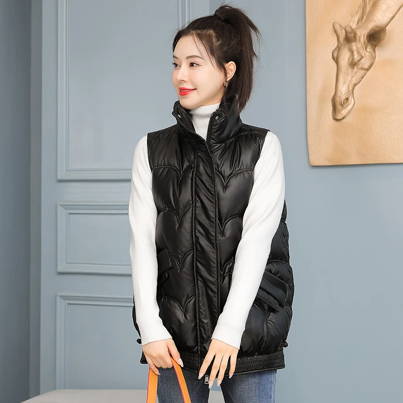 

Lady Down Jacket Vest Shiny Winter Vest Loose Female Zipper Collar Pocket Female Causal Sleeveless Jacket Vest