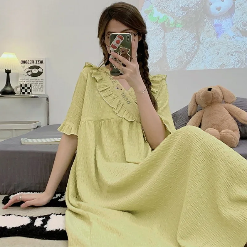 Cotton Plus Size Girl's Summer Sweets Costume New In Lady's Dress 2023 Long Length Print One-Piece Skirt Short Sleeve Nightdress